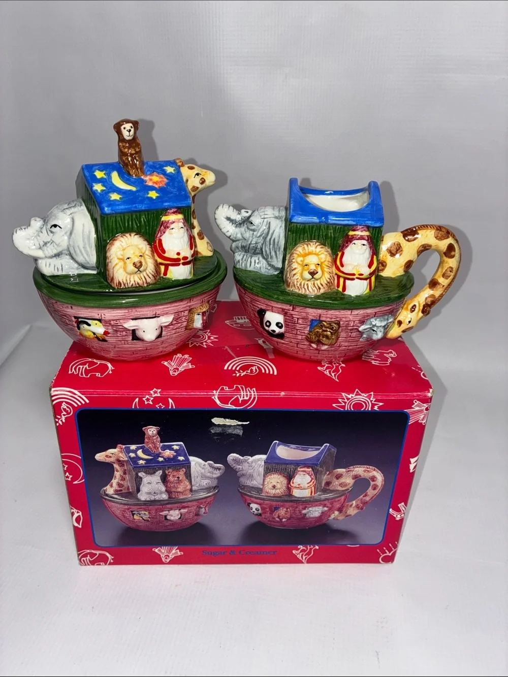 Vintage (‘94) Ceramic Noah’s Ark Sugar Bowl & Creamer Set - Pink and Blue